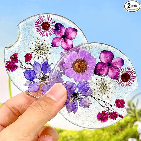 Swooflia Flower Car Cup Holder Coasters for Women - 2.75 Inch Cute Resin Clear Automotive Drink Cupholder Insert Car Accessories 2 Pack Pink Purple