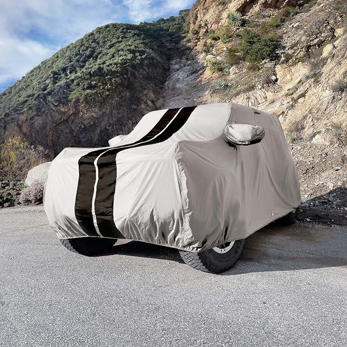 iCarCover Premium Heavy Duty SUV Car Cover - Waterproof All Weather Rain Snow UV Protection, VW ID.4, XT4, Corsair, CR-V, Forester, Q4, 4Runner, Size S51 (See Size Chart), Stripe - Light Gray/Black