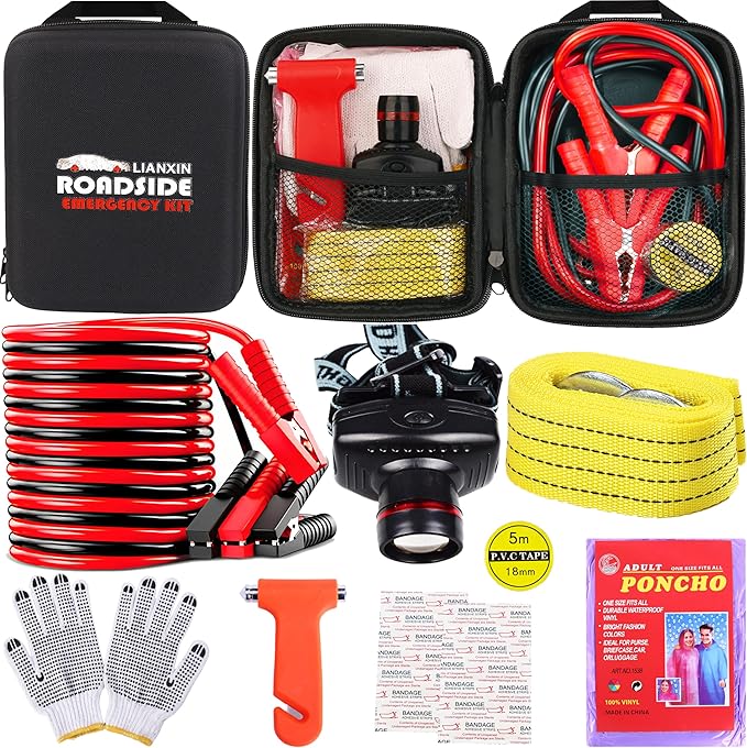 LIANXIN Car Roadside Emergency Kit,with Jumper Cables Car Safety Kits | Emergency Car Kit Tow Straps Headlamp Jumping Cables Safety Hammers Gloves, Breakdowns Gifts for New Drivers