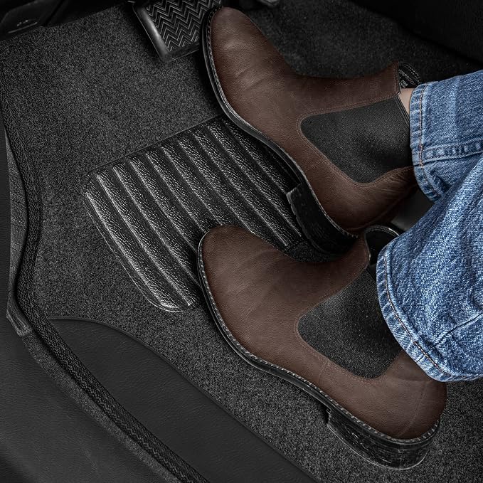 BDK Carpet Floor Mats for Cars, Two-Tone Carpet Car Mat with Faux Leather Accents, Automotive Floor Mat Sets with Built-in Heel Pad, Stylish Interior Car Accessories Black