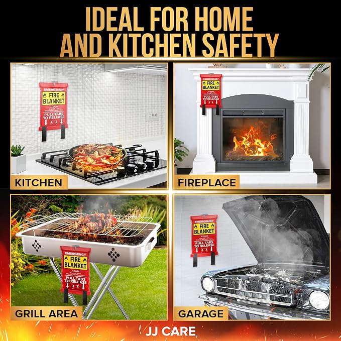 JJ CARE Fire Blanket – 4 Packs with Hooks and Gloves – 40” x 40” Fire Blankets Emergency for Home and Kitchen, High Heat Resistant and Flame Protection for Kitchen, Car, Office, Camping & Home Safety