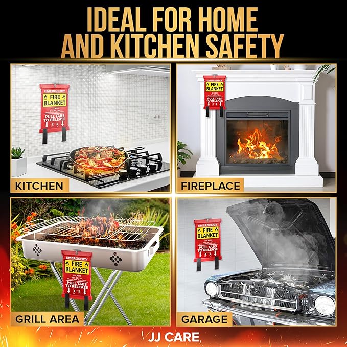 JJ CARE Fire Blanket – 3 Packs with Hooks and Gloves – 40” x 40” Fire Blankets Emergency for Home and Kitchen, High Heat Resistant and Flame Protection for Kitchen, Car, Office, Camping & Home Safety