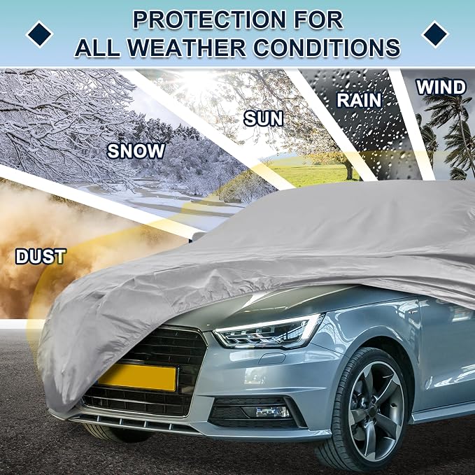 Silver Tone Heavy Duty Waterproof Car Cover for Sedan 169"-175" - All-Weather UV Protected Outdoor Full Exterior Cover with Sun/Snow/Rain Resistance