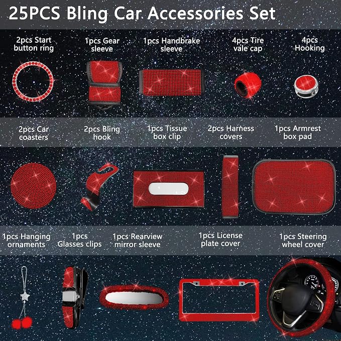 25PCS Bling Car Car Accessories Set,15 Inch Steering Wheel Cover,Shiny License Plate Frame,Center Console Cover and Rearview Mirror Set and Other Car Accessories(Red)