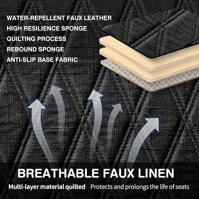 Leader Accessories 2pcs Sideless Front Seat Covers for All Seasons, Black | Breathable Faux Linen Seat Cushions, Non-Slip Bottom With Headrest Protectors, Universal Fit For Car Van SUV Pickup Truck