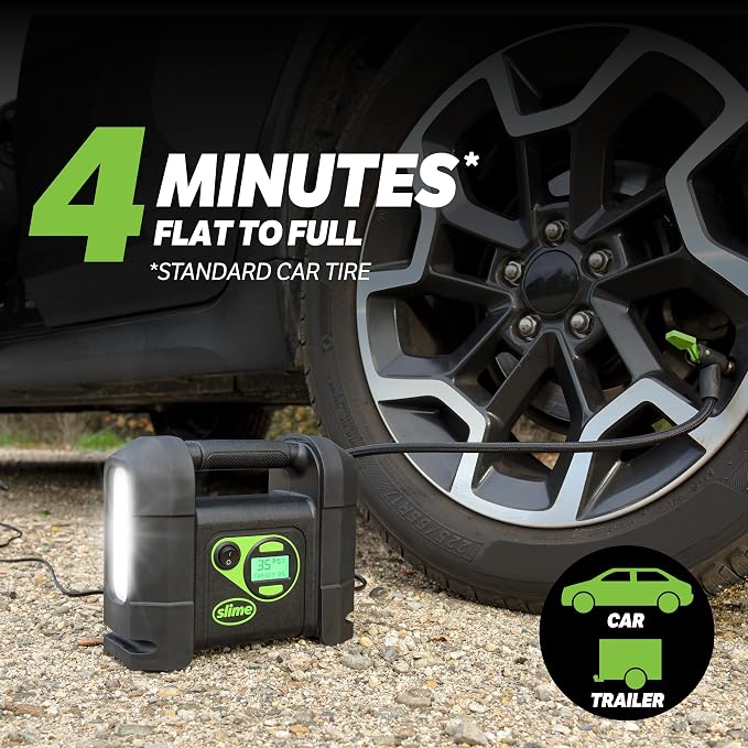 Slime 40047 Tire Inflator, Portable Car Air Compressor, Rugged, Inflate Right automatic shut off, with Digital 99 psi Display, Long Hose and LED Light, 12V, 4 min inflation