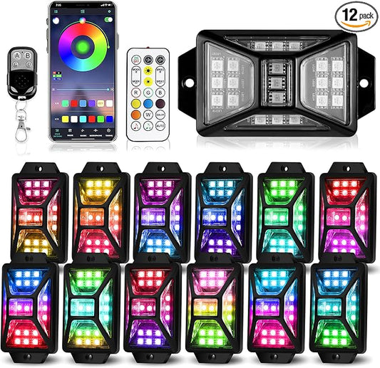 12 Pods Full Angle RGB Rock Lights Compatible with 12V Trucks Jeep UTV SUV ATV Boat Golf Cart, Waterproof Multi-Color, App/Remote Control Led Rock Lights with Music Mode(Patented)