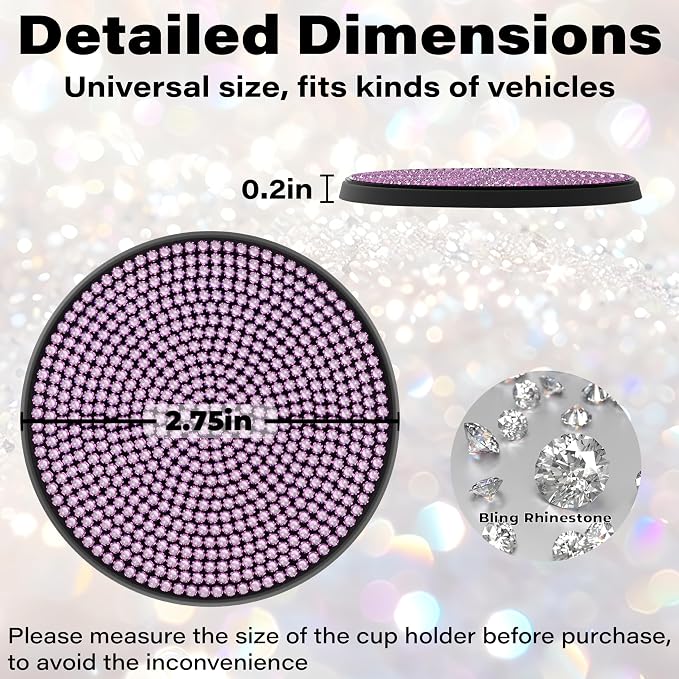 BFXM 2 PCS Bling Cup Holder Coaster, Car Accessories for Women 2.75 inch Diamond Universal Non-Slip Silicone Cup Holder Coasters, Sparkly Bling (Purple)