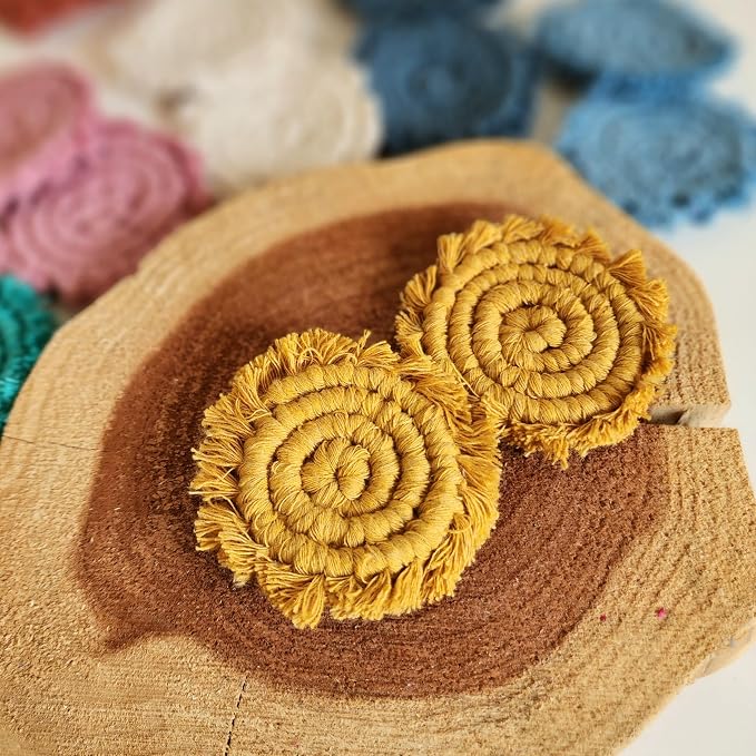 Cotton Car Coasters for Cup Holders, 2PC Car Cup Coasters, Drink Coaster Holder, Cute cupholder Coaster Accessories for Women, Macrame, Boho (Sunshine Yellow)