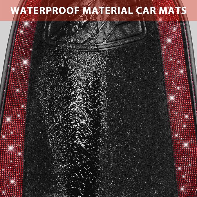 CAR PASS Bling Diamond Car Floor Mats, Shining Rhinestone Carpet Sparkly Glitter Crystal with Anti-Slip PVC Heel Pad Waterproof Universal Fit Automotive SUV,Sedan,Van,Cute Girl Women,4pcs Black Red