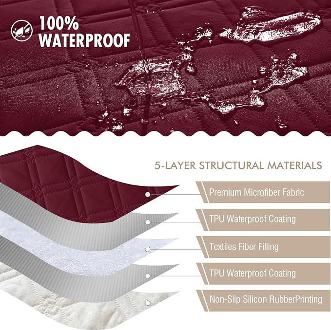 Genina Waterproof Couch Cover, Washable Anti-Slip 67 inch Sofa Covers with 3 Cushions, Sectional Couch Covers for Pets Friendly, Sofa Slipcovers for Dogs Cats, (67inch/Burgundy)