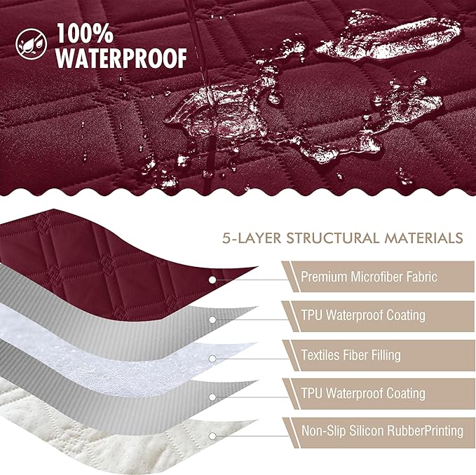 Genina Waterproof Couch Cover, Washable Anti-Slip 51 inch Loveseat Sofa Covers with 2 Cushions, Sectional Couch Covers for Pets Friendly, Sofa Slipcovers for Dogs Cats, (51inch/Burgundy)