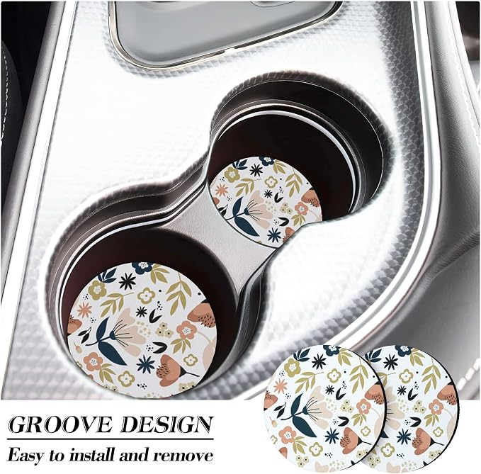 Car Coasters for Drinks Absorbent，Cute Car Accessories for Women and Lady，2 Pack 2.95inch Car Cup Holder Coasters，Universal Non Slip Cup Holder Insert Coaster (White Flower)