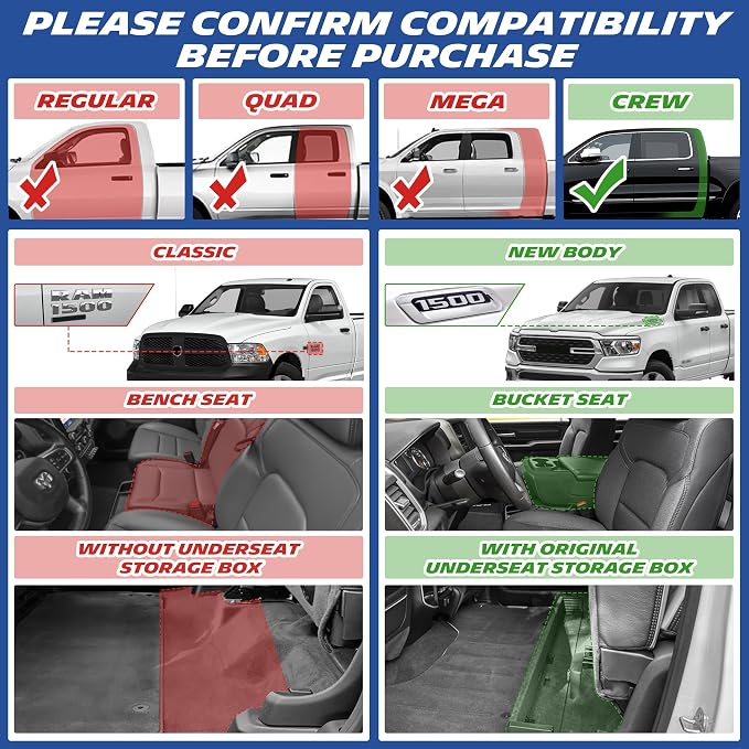 Michelin Vehicle Mats, All-Weather TPE Custom Fit Liner for 2019-2024 Ram 1500 Crew Cab Bucket Seat W/Under Seat Storage, Not Fit Classic Model, Premier