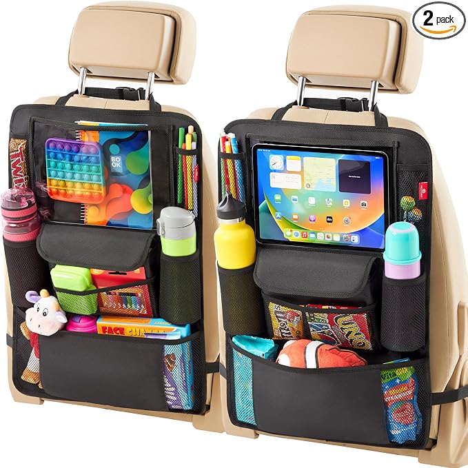 Helteko Car Seat Organizer, Ultra Version Kids Backseat Car Organizers and Storage, Waterproof Back Seat Protector Kick Mats with Tablet Holder 12" Car Accessories Interior, Black 2 Pack