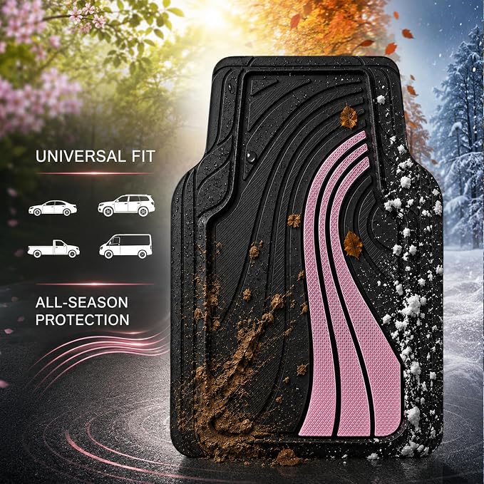 Road Comforts Car Floor Mats Full Set – Front & Rear Car Floor Mats with Aluminum Design, Anti-Slip Backing, All-Weather Protection, Trim-to-Fit Car Mats for Most Sedans, SUVs & Vans - Pink
