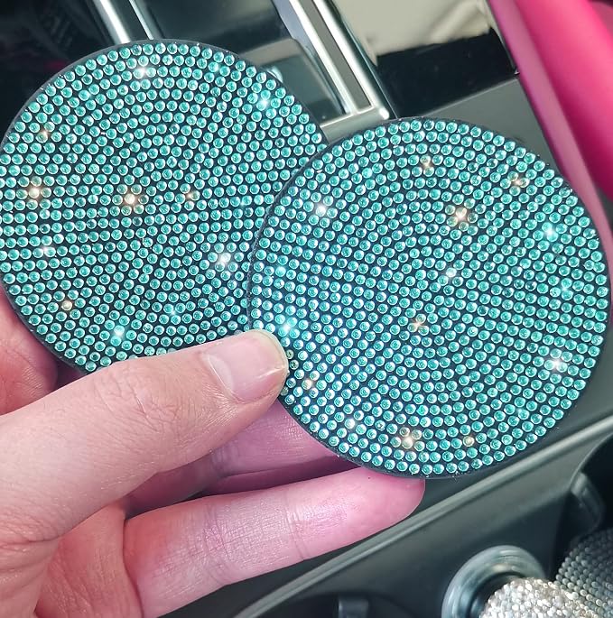 NBTEPEM 2pcs Bling Car Cup Holder Coaster, 2.75 inch Anti-Slip Shockproof Universal Fashion Car Coasters Insert Bling Crystal Rhinestone Automotive Interior Accessories for Women (2 pcs, Aquamrine)