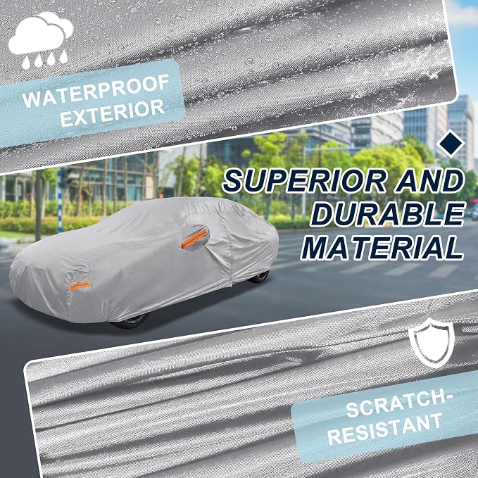Silver Tone Heavy Duty Waterproof Car Cover for Sedan 201"-207" - All-Weather UV Protected Outdoor Full Exterior Cover with Sun/Snow/Rain Resistance