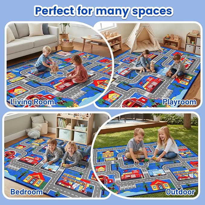 Kids Carpet Playmat Rug 78.7"x59", Car Rug for Kids Cars, Non-Slip Town City Road Map Kids Rugs for Playroom Bedroom Boys, Kids Cars Play Mat Track Road Rugs for Kid (78.7X59Inch,Blue)