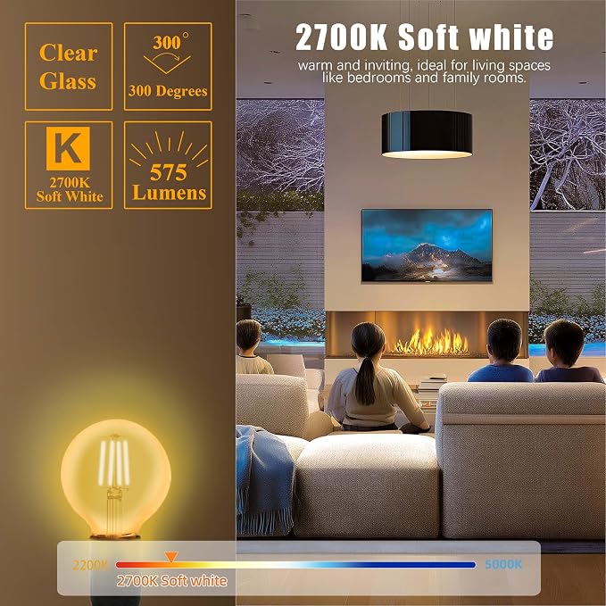 MASTERY MART G25 Globe Light Bulbs, Dimmable, E26 Base, 60W Equivalent, 2700K Soft White, Vintage Filament for Bathroom Mirror, 5.5W LED, UL Listed, Energy Star, 6-Pack