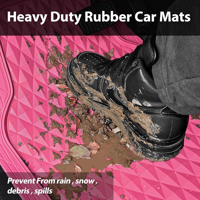 CAR PASS Heavy Duty Rubber Hot Pink Car Floor Mats & Cargo Liners, Deep Dish All-Weather Trunk Mats Durable Anti-Slip 3D Rhombus Waterproof Trim to Fit Liner Universal Fit Auto,Sedan,SUV,Truck, Pink