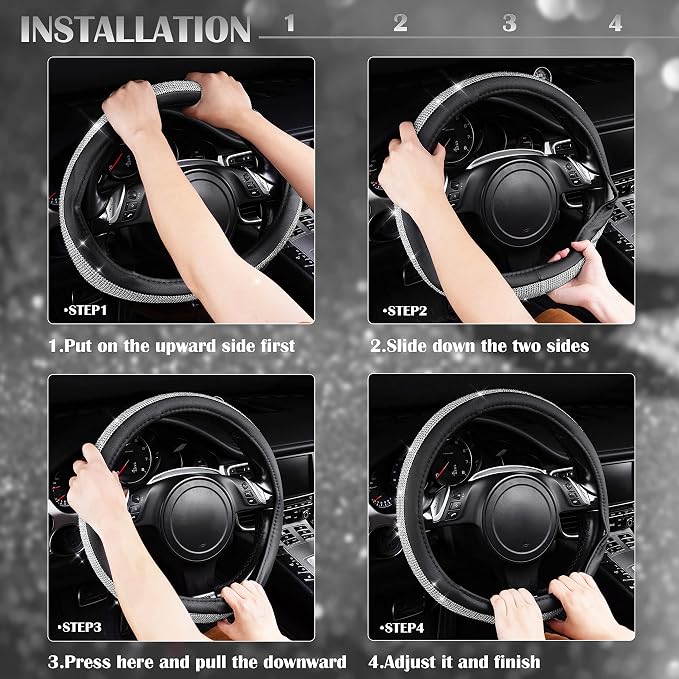 CAR PASS Bling Silver Diamond Leather Steering Wheel Cover, with Sparkly Crystal Glitter Rhinestone Universal Fit 13" 1/2-14" Small Car Wheel Protector for Women Girl Fit Car,SUV,Van,Sedan, Silver