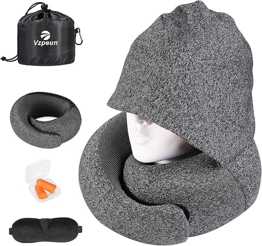 Travel Pillow - Hooded Neck Pillow Airplane Memory Foam Filling for Plane, Office, Cars Sleeping, Road Trip, Long Flights, Airplane Travel Essentials, Includes Eye Mask & Earplugs (Dark Gray)