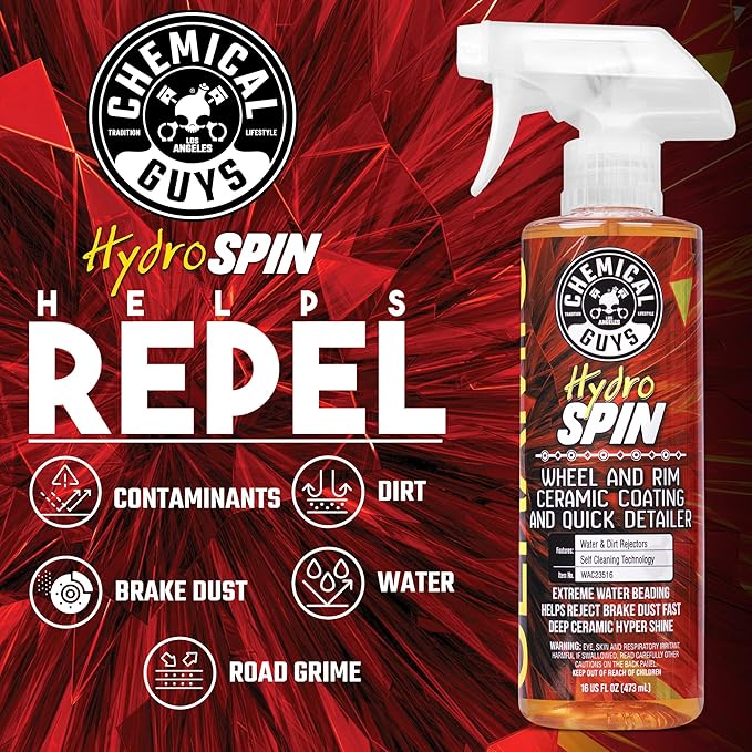 Chemical Guys, HydroSpin Wheel & Rim Ceramic Coating Spray for Rims, 16 oz | Ceramic spray shields wheels, rims and brake parts with a hydrophobic shine that helps grime rinse away