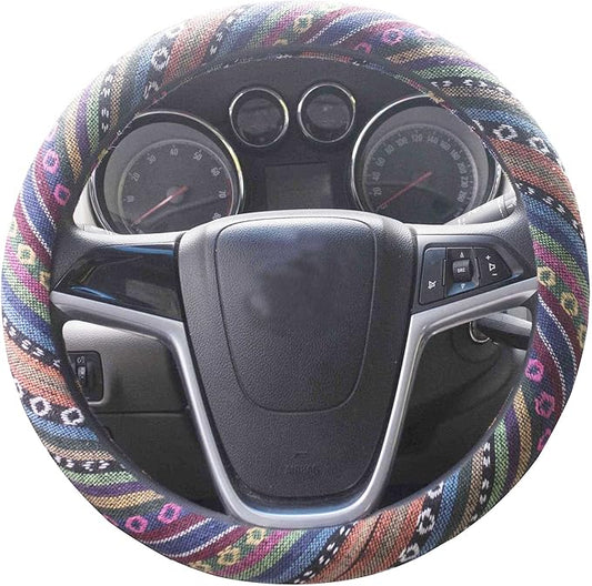 Ethnic Style Coarse Flax Cloth Automotive Steering Wheel Cover Anti Slip and Sweat Absorption Auto Car Wrap Cover (C, 15.25''-16'')