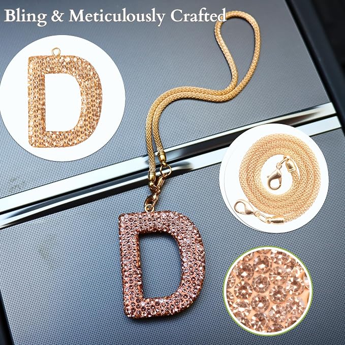 Bling Car Accessories for Women Letter Charm, Rainbow Crystal Rearview Mirror Pendant, Cute Diamond Rhinestone Car Decor, Lucky Gift for Women(D, Champagne Gold)