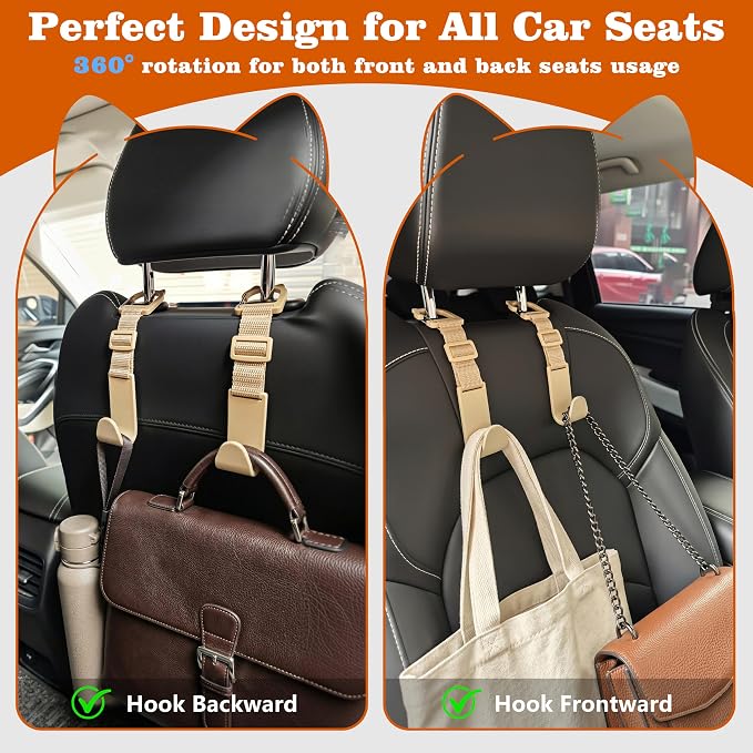 Amooca Car Headrest Hooks 4 Pack Adjustable Universal Fit Auto Seat Back Organizer Storage Hanger Purse Bags Holder with Clip Beige