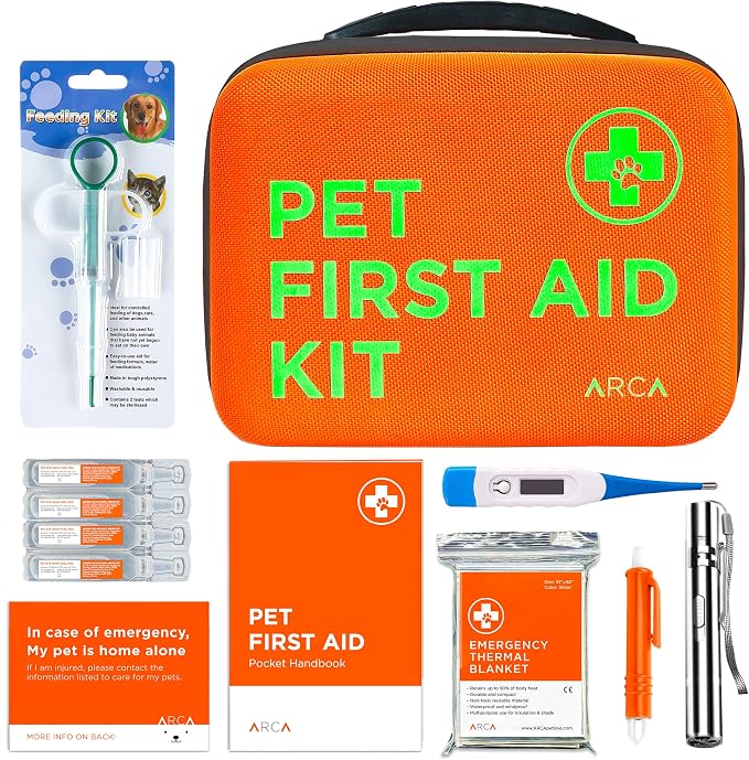 ARCA PET Cat & Dog First Aid Kit - High Visibility Reflective Zipper with Fluorescent Letter Print - 100 pcs with Dog Thermometer, Tick Remover Kit & Pet First Aid Kit Manual Book