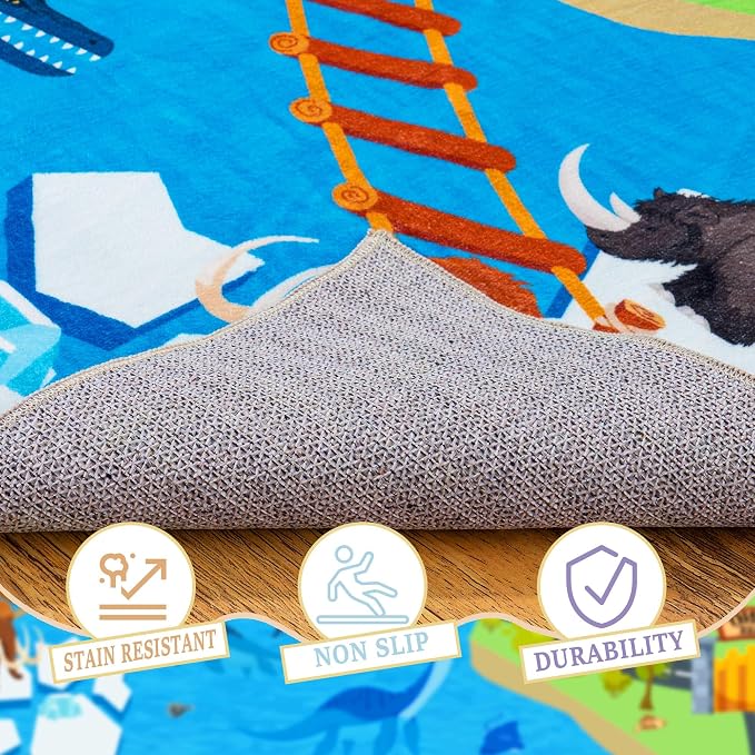 Kids Rugs for Playroom - Non-Slip 7x9 ft Car Rug Dinosaur Play Mat | Soft Fabric, Childrens Dinosaurs Carpet, Washable Rug for Classroom Nursery Bedroom Boys, Stain and Flame Resistant