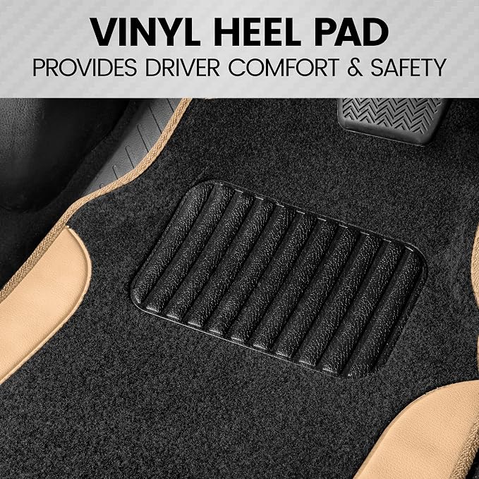 BDK Carpet Floor Mats for Cars, Two-Tone Carpet Car Mat with Faux Leather Accents, Automotive Floor Mat Sets with Built-in Heel Pad, Stylish Interior Car Accessories Beige