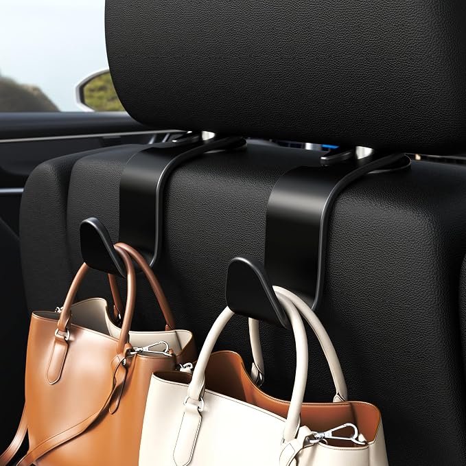 Amooca 4-Pack Car Headrest Hooks –Holds 55lbs Vehicle Storage Organizer for Purses Handbags Groceries Backpack Coats 360° Rotating Black