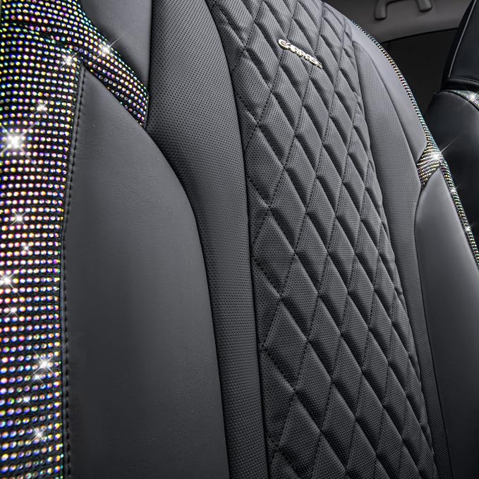 CAR PASS Iridescent Diamond &NAPPA Calfskin Leather Cushioned,Bling Seat Covers,Waterproof Heavy-Duty Anti-Slip,Universal Fit for Auto SUV Sedan,Sparkly Glitter Shining Rhinestone Full Set, Multicolor