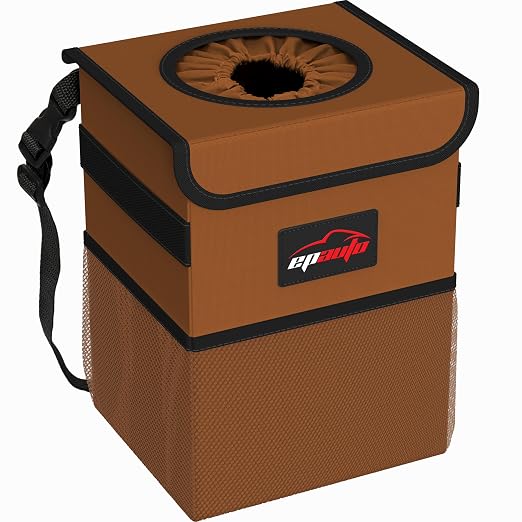 EPAuto Waterproof Car Trash Can with Lid and Pockets, 2.5 Gal, Brown | Leakproof, Collapsible Multipurpose Car Bin with 3 Side Storage Pockets, Adjustable Straps