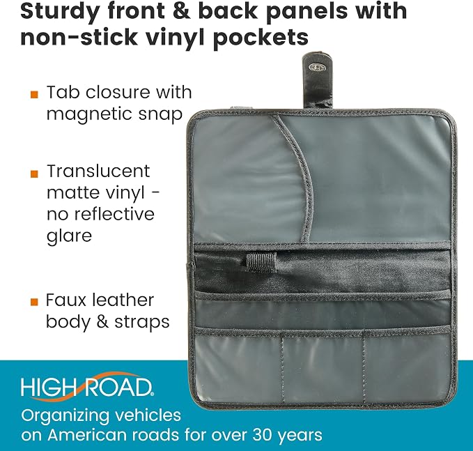 High Road Car Visor Organizer and Registration and Insurance Card Holder | Faux Leather Visor Document Holder With 6 Clear Pockets for Receipts, Registration Paperwork and Insurance Cards