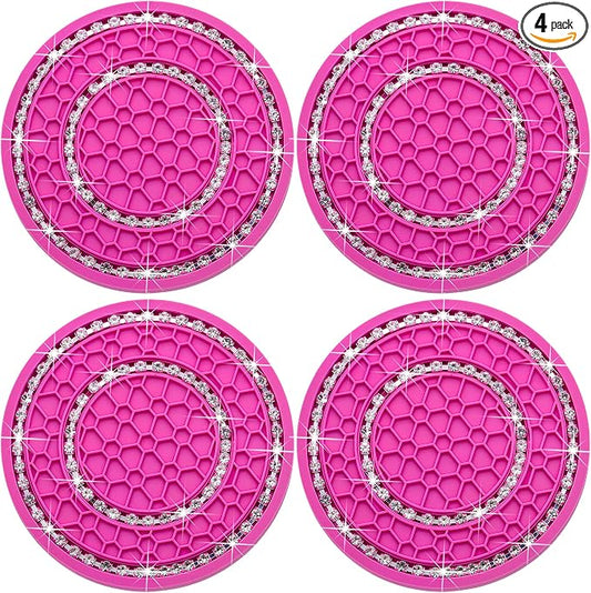 4PCS Bling Crystal Rhinestone Cup Holder Coaster, 2.75 inch Soft Silicone Anti-Slip Shockproof, Car Cup Holder Insert Coasters, Universal Car Interior Accessories for Women (Rose Red & White)