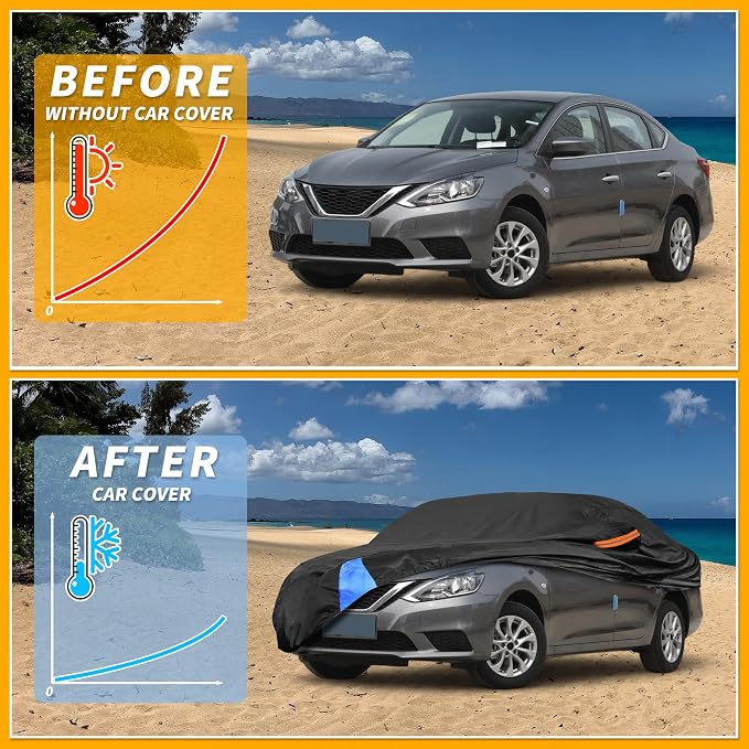 Waterproof All-Weather Universal Car Cover with Right Side Zipper, 190T Polyeste Black Blue Fits for Sedan 190" to 198" Length