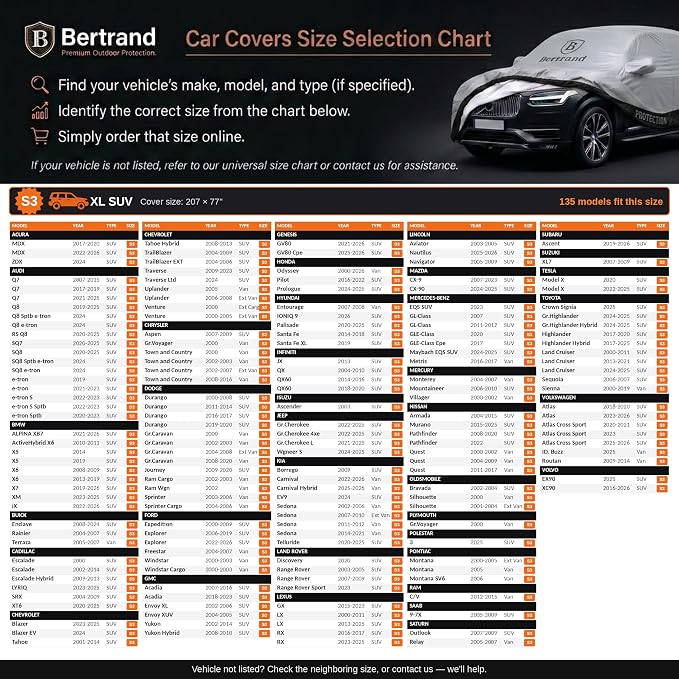 BERTRAND Heavy Duty SUV Car Cover Waterproof All Weather - Snow, Rain & UV Outdoor Protection | Cotton-Lined, Up to 10-Point Anchoring + Zipper Access | Extra Large SUVs, Silver-Black (207x77, S3)
