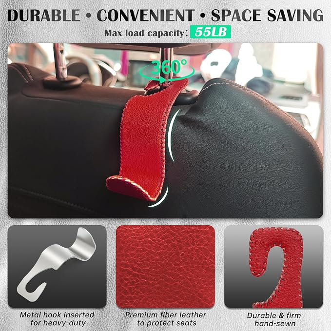 Amooca Car Seat Headrest Hook Universal Vehicle Storage Hanger Leather with Metal Car Seat Back Organizer for Handbag Purse Coat Wine 2 Pack