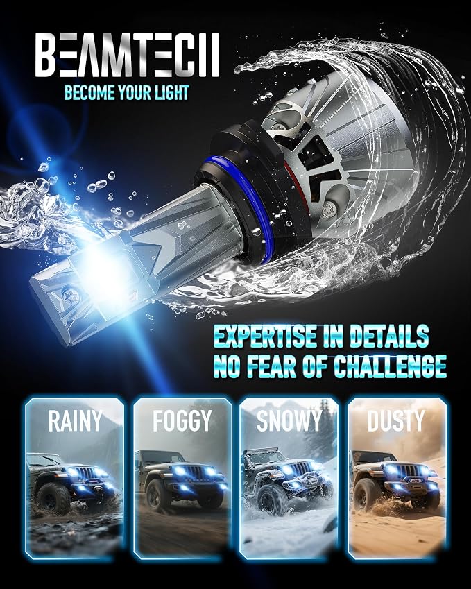 BEAMTECH 9012 Bulb, 800% Brighter High Speed Fan 6500K Xenon White, 2PCS | 9012/HIR2 Light bulbs, 50,000H Lifespan, 15,000RPM Turbo Fan, Liquid Cooling Tube, Aviation Aluminum Body