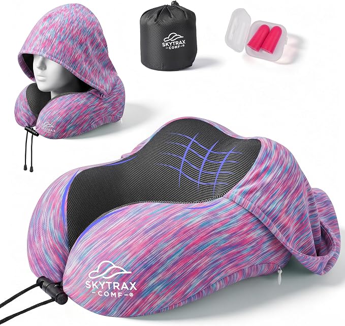 SkytraxComf® Travel Neck Pillow with Hood for Privacy on Long Flights | Memory Foam | Airplane Sleep | Safety-Tested Materials | Extra Large Hood | Chin Support | Earplugs | Washable Cover