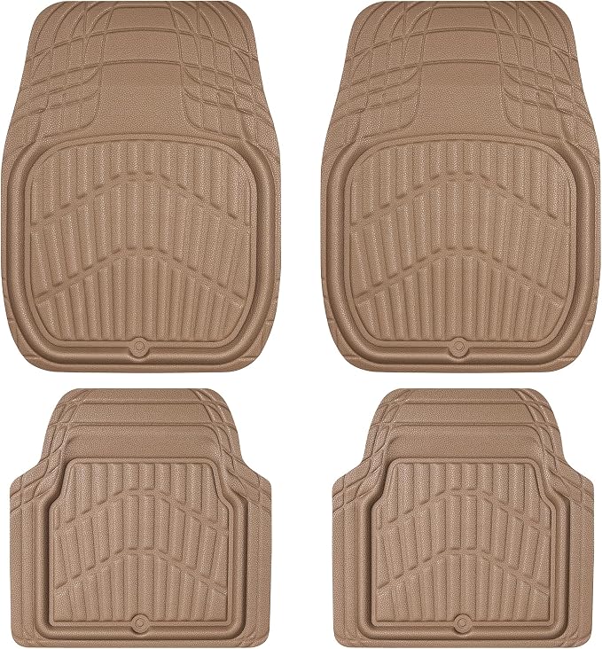 CASS Pass 4 Piece Leather Car Floor Mats -3D Waterproof All Weather, Universal Trim to Fit & Anti-Slip Burr Bottom Safety & Light Easy Clean Install for SUV Truck Auto Sedan Van (Beige)