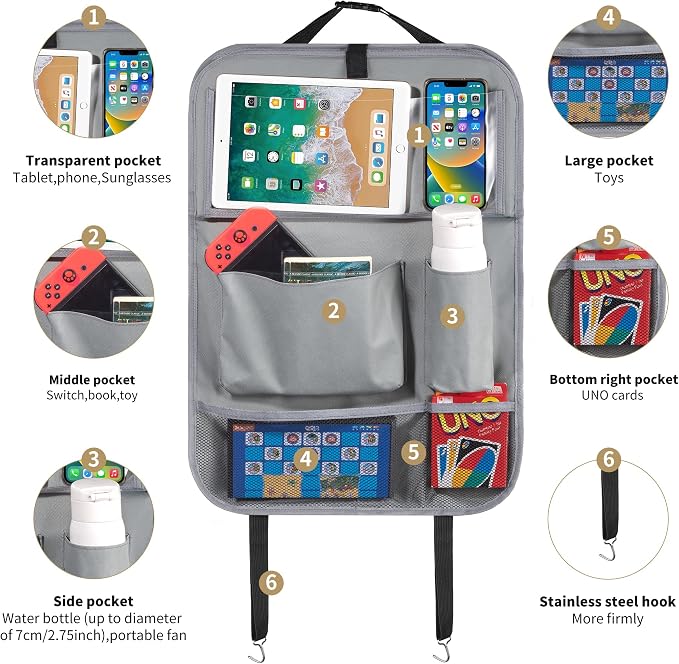 LUCMO Car Backseat Organizer with Foldable Tablet Holder, Grey | 6 Storage Pockets,Foldable Food Tray,Protectors Kick Mats,Travel Accessories,Seat Cover,Road Trip Essentials