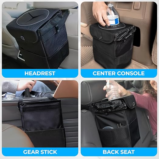 EcoNour Car Trash Can with Lid (1.5 Gallons), Hanging Garbage Can, Water Proof Trash Bag for Car, SUV, Truck, Car Trash Bin (Black), Car Trash Accessories with Multipurpose Storage