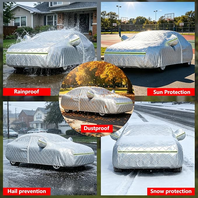 Hail Protector Car Cover, 7 Layers Thickened Heavy Duty Car Covers for Automobiles, All Weather Season, Anti-Hail UV Protection Snowproof Outdoor Full Cover, Universal Fit Sedan 186" to 193"(Silver)