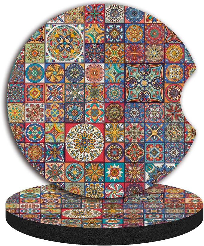 Boho Absorbent Neoprene Car Coasters, 2.75inch Mandala Style, 2 Pack Universal with Finger Slot