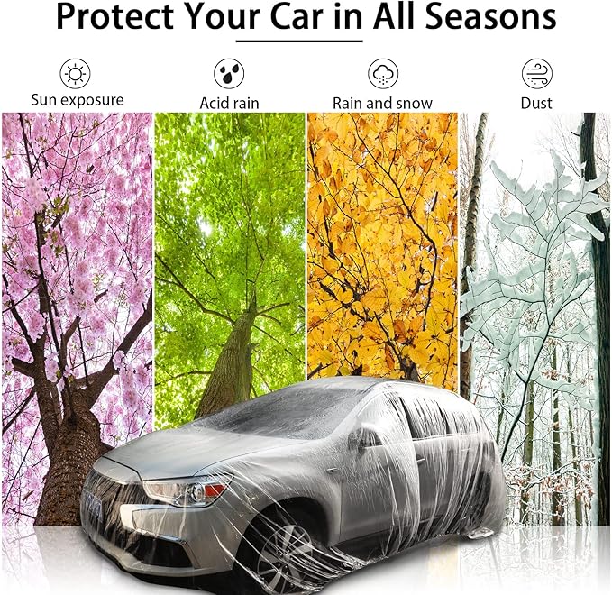 Tallew 8 Pcs Universal Plastic Car Cover 12. 5 x 21. 7ft Disposable Waterproof Full Exterior Cover with Elastic Band for Automobiles Sedan Outdoor Snow Rain Weather